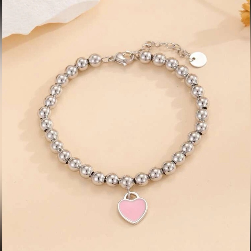 Pink Heart Charm Beaded Bracelet
